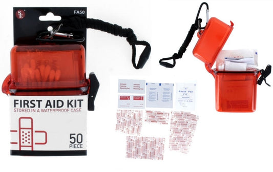 A50FA - 50Pc First Aid Kit Stored in a Waterproof Case W/5mm Carabineer & Lanyard