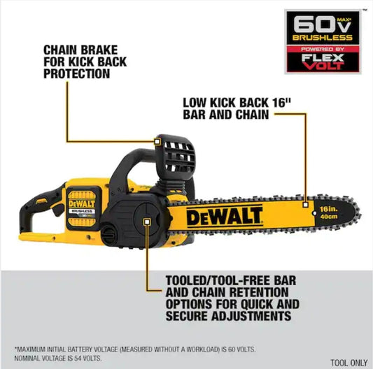 16'' (406.4 mm) Dewalt 60v MAX Brushless ChainSaw (Tool Only)